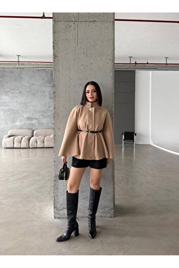Mira İpek Premium High-Necked Gold Buttoned Cashmere Poncho