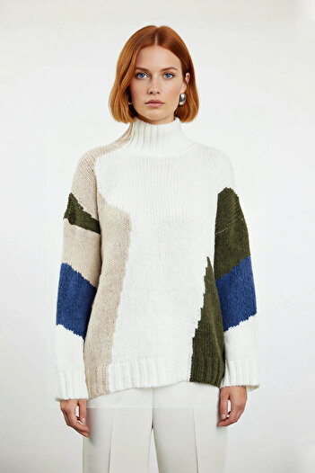 PayBuy Pulover lung din tricot, cu guler înalt, cu blocuri de culoare, cu mâneci joase, țesut din Sizilie, pentru femei, combinații de iarnă