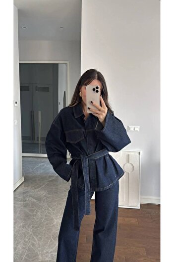 Mira İpek Tie-Up Navy Blue Jacket Trousers Denim Suit
