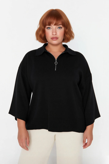 PayBuy Women's Relaxed Fit Polo Neck Zipper Detail Low Sleeve Three Quarter Knitwear Sweater Plus Size Comfortable
