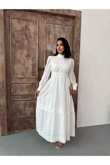 suphias Lace Detailed & Lined Crepe Fabric Dress