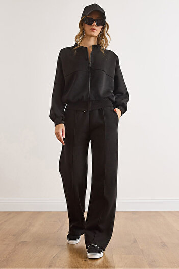Olalook Women's Black Zippered Top with Stitching Detail on the Bottom Tracksuit Set Etkm-0000085