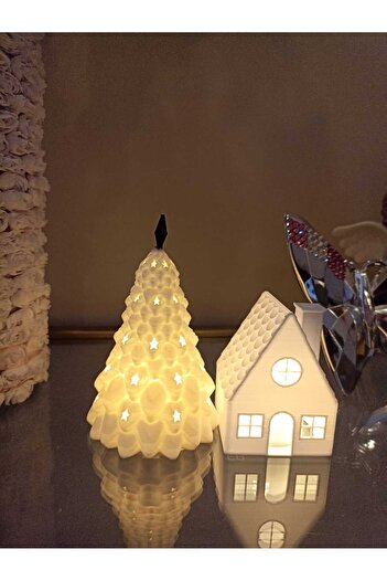 smilechild New Year Decoration Led Candle House and Pine Tree Set 7-11 cm 2 Led Candles Included