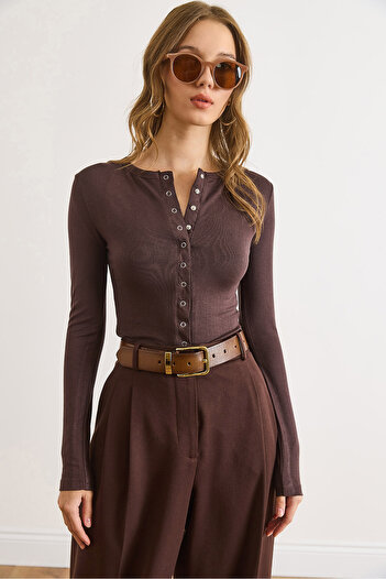 Olalook Women's Brown Snap Detailed Soft Textured Cardigan Blouse Blz-19003142