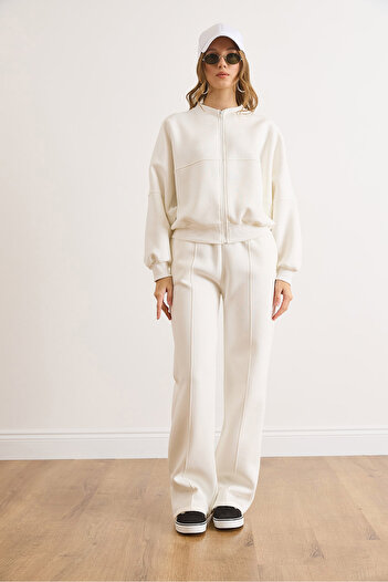 Olalook Women's White Zippered Top with Stitching Detail on the Bottom Tracksuit Set Etkm-0000085