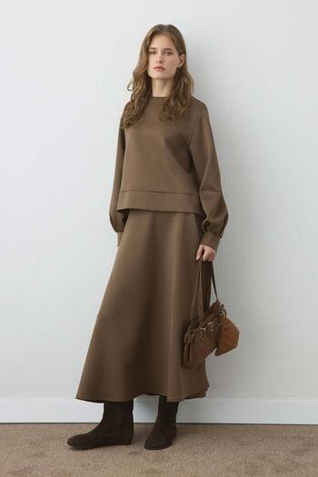 Hooopstore Balon Kol Scuba Brown Skirt Suit