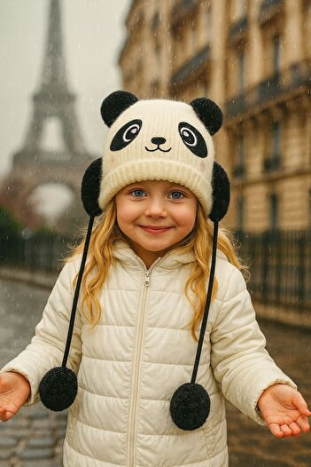 MARBERRY White Panda Patterned Children's Beanie with Pompom