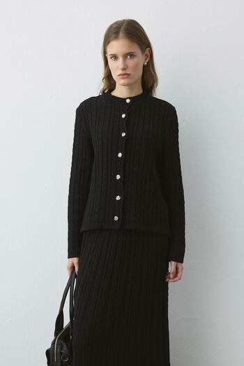 Hooopstore Knitted Textured Knitwear Black Skirt Set