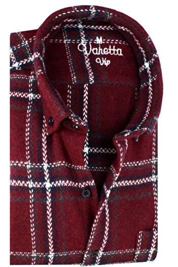 Varetta Men's Burgundy Thick Winter Plaid Lumberjack Shirt – Wide Cut Fall Winter Trend Shirt with Pockets