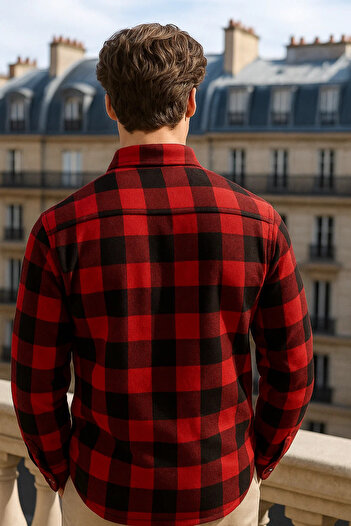 COMBİNE MİCHAİL Men's Long Sleeve Winter Burgundy Lumberjack Shirt