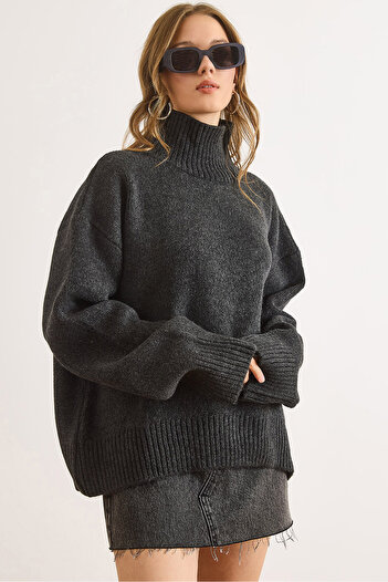 Olalook Women's Anthracite Wick Detailed Thick Oversize Knitwear Sweater Kzk-19001028