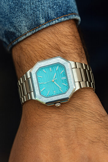 Louis Genessio Premium Quartz Steel Calendar Silver&Turquoise Men's Wristwatch
