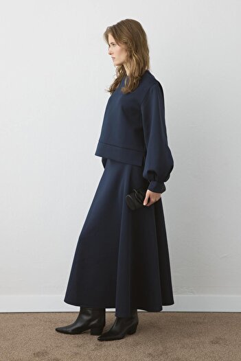 Hooopstore Balon Kol Scuba Navy Blue Skirted Suit