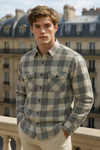 COMBİNE MİCHAİL Men's Long Sleeve Winter Gray Lumberjack Shirt