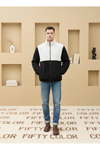 Fifty Color Trendy, Unisex, Black-White, Color Block, Zipper, Stand Collar, Sherpa, Fleece, Jacket