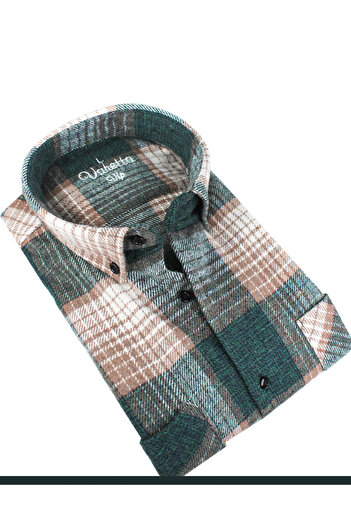 Varetta Men's Green Thick Winter Plaid Lumberjack Shirt – Wide Cut Fall Winter Trend Shirt with Pockets