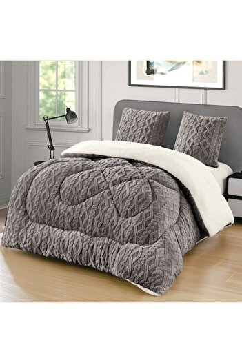 OEM Knitted Cocolino Duvet Set with Fluffy Faux Fur, 200x230 cm, 2 Pillowcases, Dark Gray/White