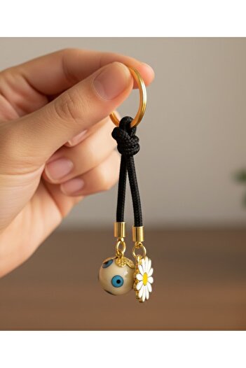 Mixperi Stylish Keychain with Ball-Shaped Beads and Daisy Figures on a Black String