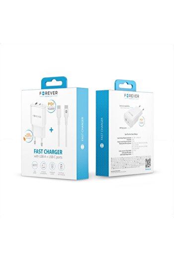 Forever TC-01-20AC PD/QC Charger 20W White with USB-C to USB-C Cable
