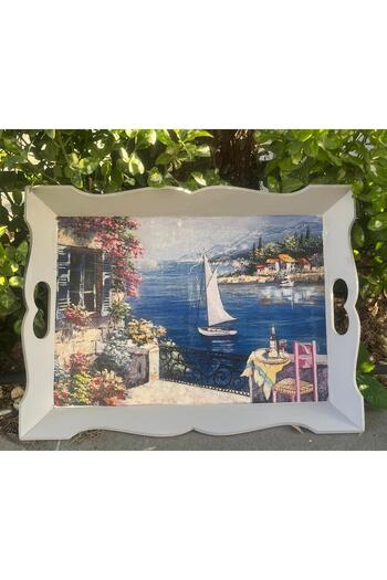 DERYA DESİNG ART Flower Patterned Hand Painted Wooden Tea-Coffee Tray, Presentation Tray 39X31Cm