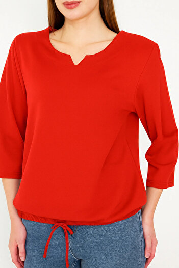 CrazyShopping Women's Drop Detailed Neckline, Skirt Lace-Up Knitted Crepe Blouse