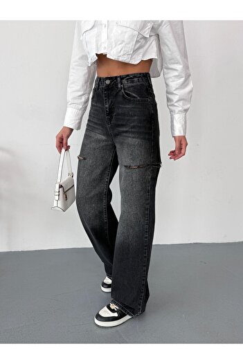 XBELLA DENİM Women's Smoked Baggy Jeans High Waist Jeans Denim Fabric with Laser on the Sides
