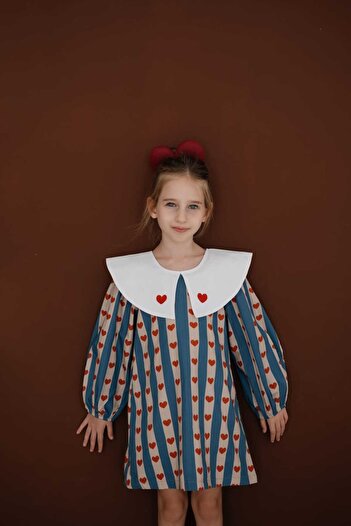 ilo and friends Tiny Hearts Bebe Yakalı Kırmızı Kalpli Uzun Kollu Kız Çocuk Elbise