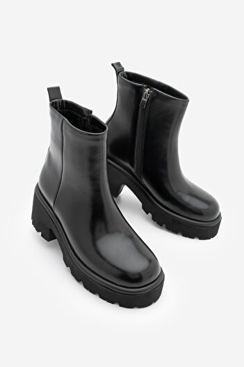 Marjin Women's Zippered Thick Serrated Sole Daily Boots Finto Black