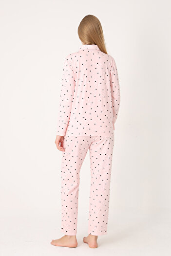 NBB 100% Cotton, Front Buttoned, Polka Dot, Shirt Collar, Women's Pajama Set, Salmon