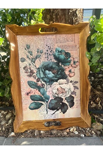 DERYA DESİNG ART Flower Patterned Hand Painted Wooden Tea-Coffee Tray, Presentation Tray 41X30Cm