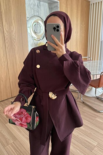 Ka Hijab Shoulder Buttoned Trench Suit - Burgundy