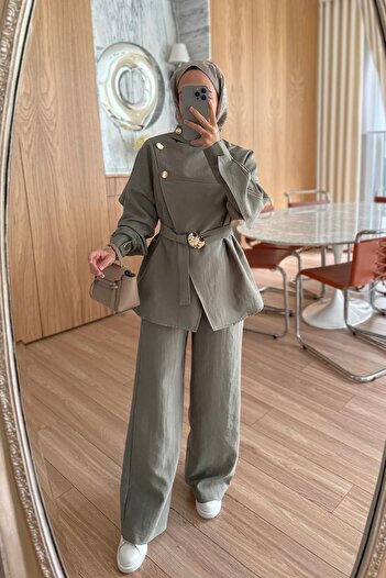 Ka Hijab Shoulder Buttoned Trench Suit - Green