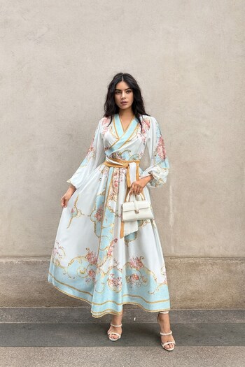 suphias Atlas & Chiffon Fabric Lined Belted Dress