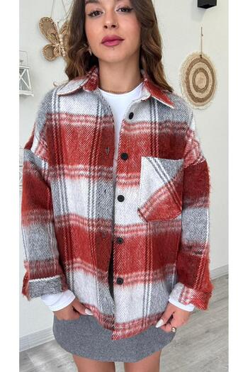 modadagiyim Women's Winter Single Pocket Detailed Checkered Plaid Lumberjack Shirt