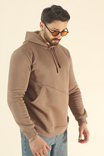 EydaMoon Men's Winter Soft Textured Fleece Lined Sweatshirt - Brown Regular Side Pocket Hoodie