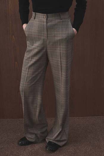 Hooopstore High Waist Plaid Polyviscon Brown Trousers