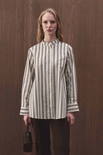 Hooopstore Premium Detachable Tie Detail Striped Poplin Ecru Shirt