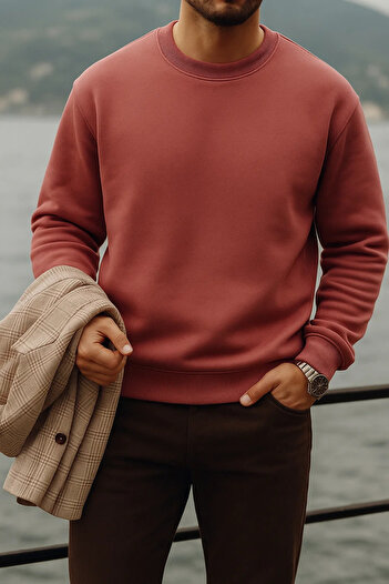 COMBİNE MİCHAİL Men's Crew Neck Casual Dusty Rose Sweater