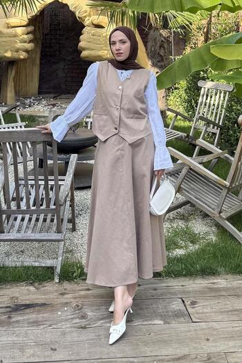 lamelif Gabardine Vest-Skirt Two-Piece Hijab Suit Soft Brown