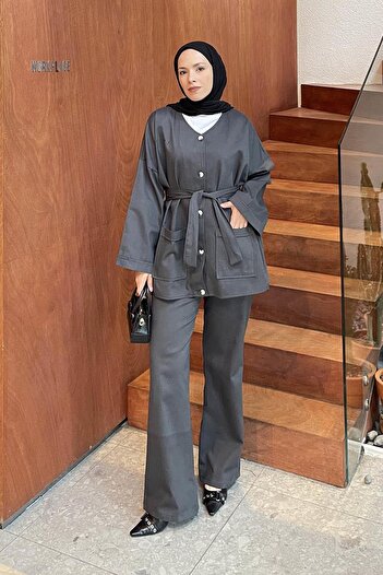 lamelif Belted Gabardine Suit Anthracite