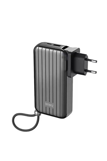 WIWU 10000mAh Trunk Power Bank, ideal for travel, with universal plug and built-in cables for phones.