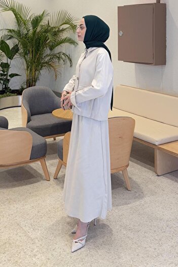 lamelif Pocket Detailed Double Skirt Hijab Set Stone