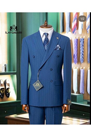 ilayda emir Special Design Double Breasted Striped Men's Suit Light Blue
