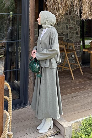 lamelif Tie Detailed Skirt Suit Khaki
