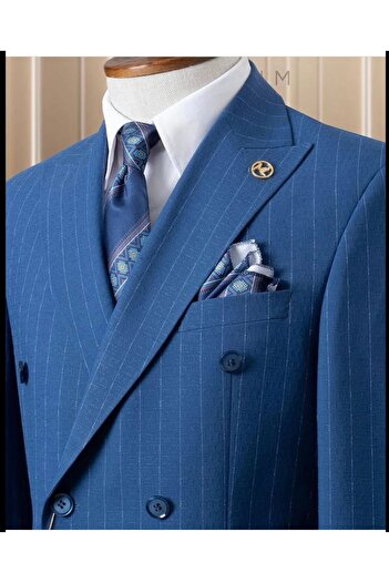 ilayda emir Special Design Double Breasted Striped Men's Suit Light Blue