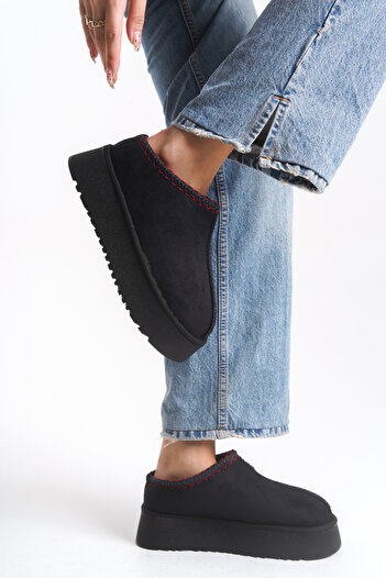 ELAIA SHOES Lumi Black Suede Thick Sole Daily Winter Slippers with Fur Inside