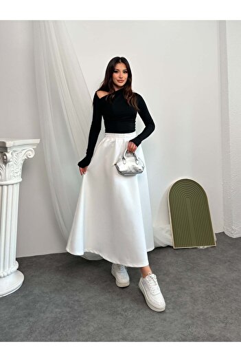 Hatun Atila Elastic Waist Scuba Fabric Flared Skirt 8936 - White