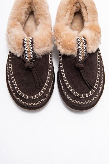 LuviShoes Noriel Brown Suede Genuine Leather Stitched Fur Women's Moccasin Slippers