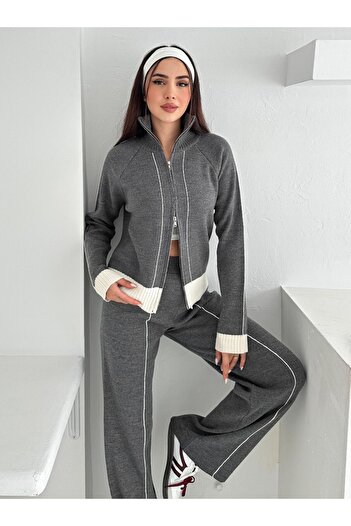 MAXXANA Stand Collar Cardigan and High Waist Pants Two-Piece Knitwear Set