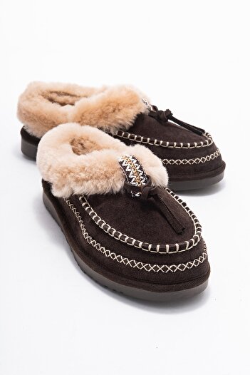 LuviShoes Noriel Brown Suede Genuine Leather Stitched Fur Women's Moccasin Slippers